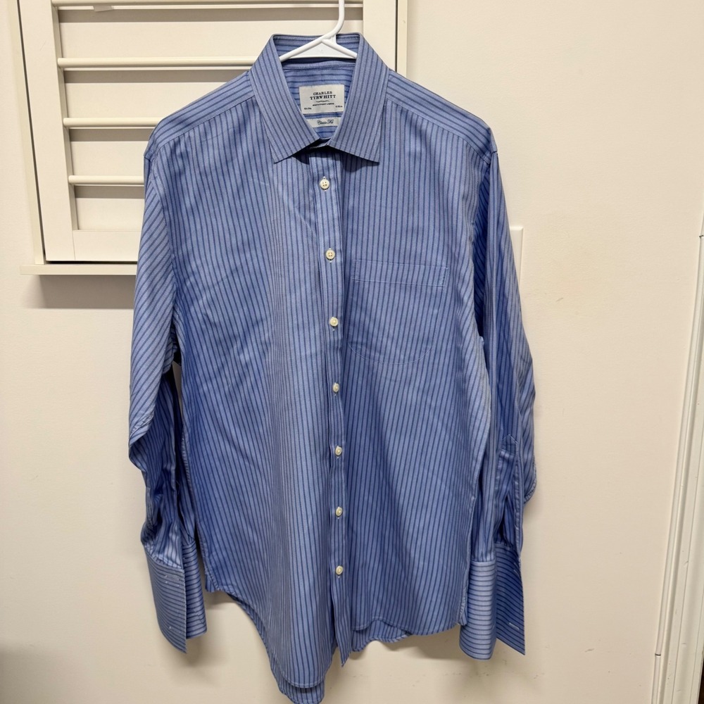 Charles Tyrwhitt Mens Classic Fit Striped Dress Shirt Blue 16.5 34 French Cuffs